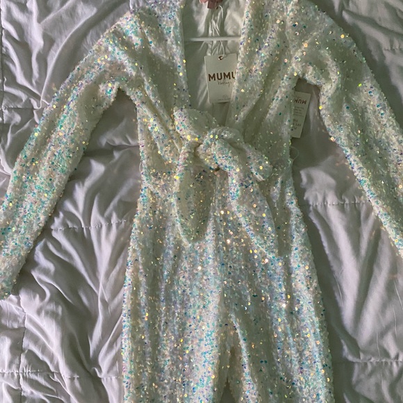 Show Me Your MuMu Martina Wrap Jumpsuit White Sparkle Sequins Flared Bottoms - Picture 7 of 10